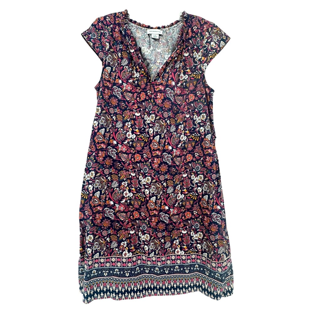 Liz Claiborne Linen Cotton Floral V-Neck Cap Sleeve Shift Dress Navy Pink Small